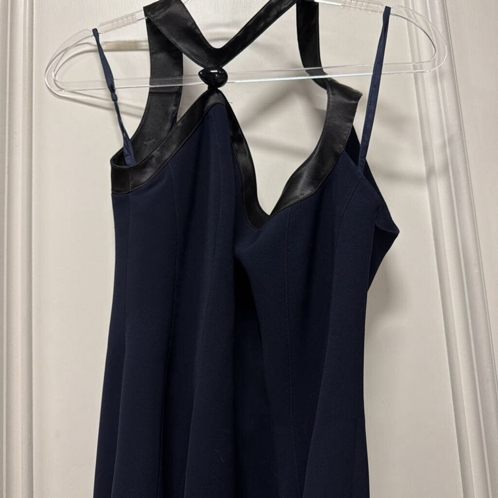 Navy Poly Brooch Halter Neck Dress