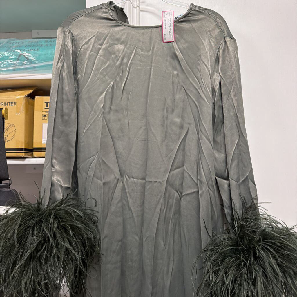 Green Viscose Ostrich Feather Trim Dress (NWT)