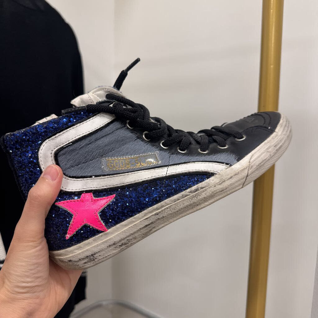 Golden Goose Blue Calfhair & Glitter Sneakers