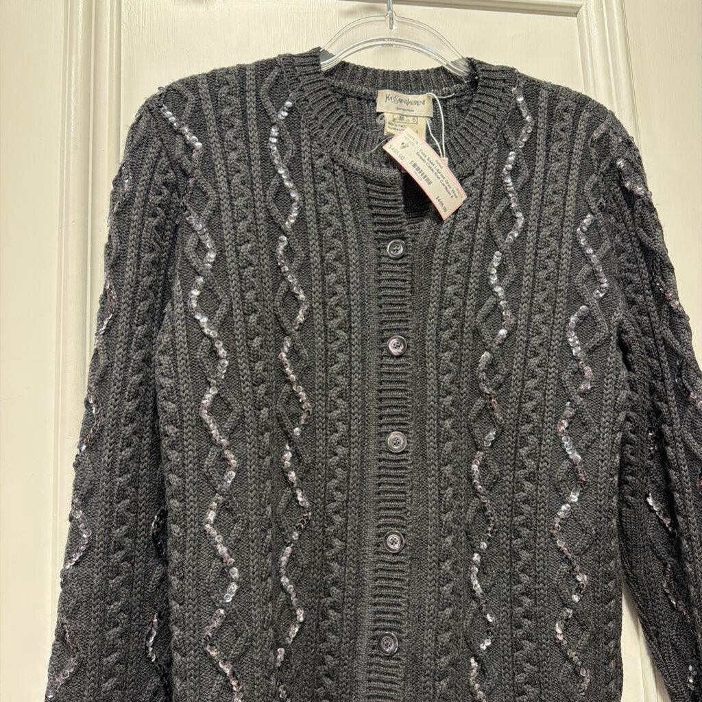Gray Wool Sequin Cable Knit Cardigan