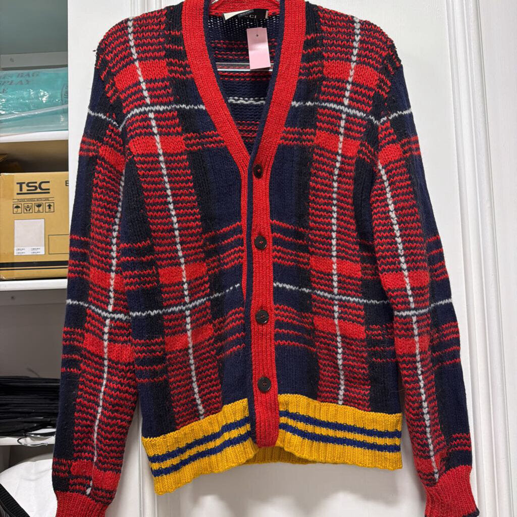 Navy/Red Plaid Wool Blend Cardigan