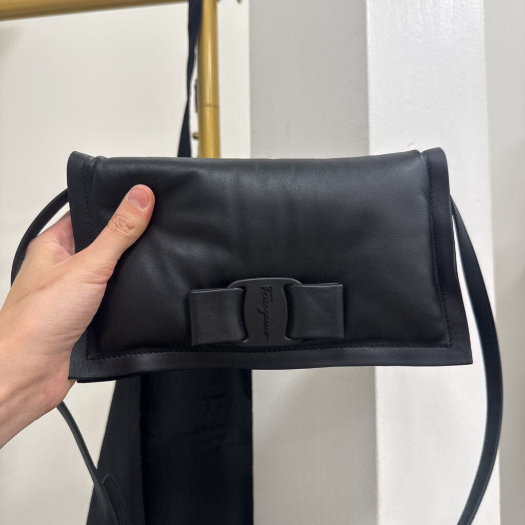 Black Padded Leather Bow Shoulder Bag