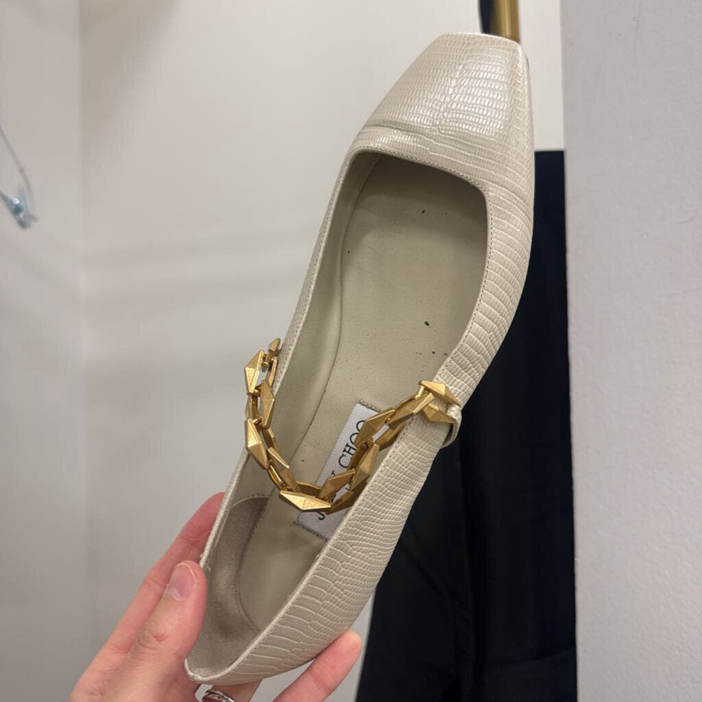 White Leather Embossed Chain Strap Flats