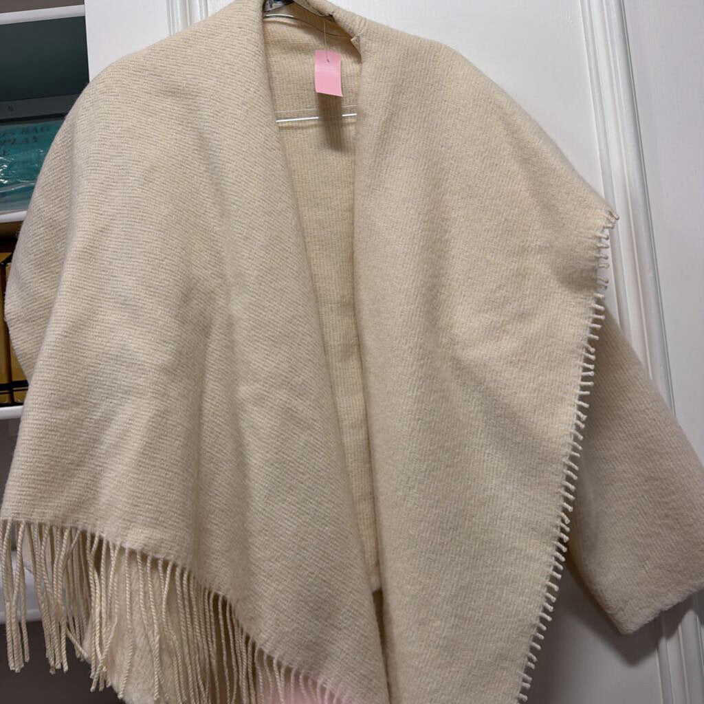 Cream Wool Blend Fringe Poncho Wrap