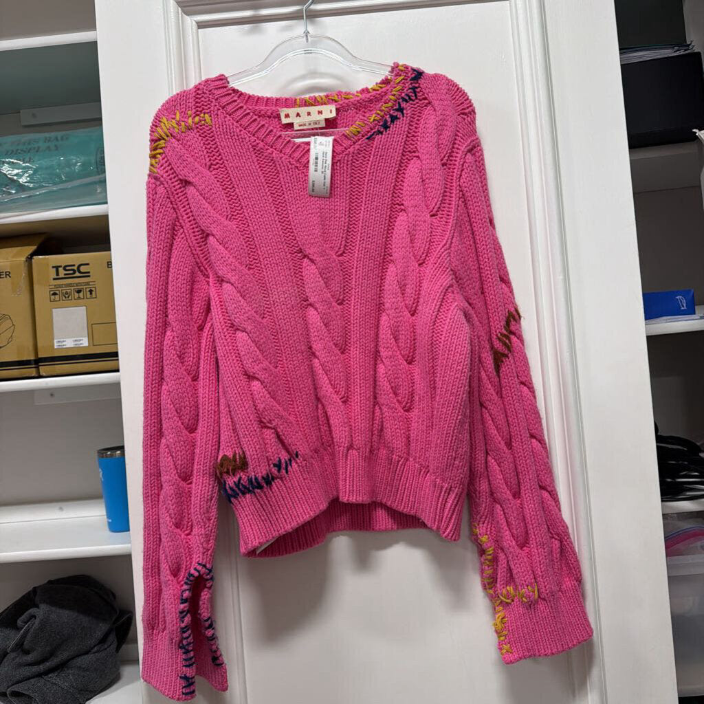 Pink Wool Cable Knit V Neck Sweater