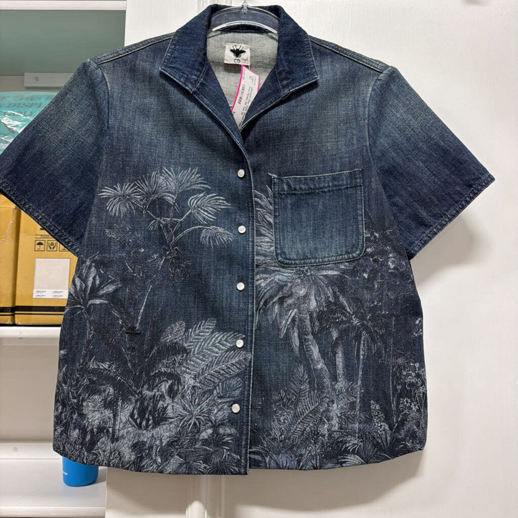 Dark Wash Palm Tree Denim SS Top