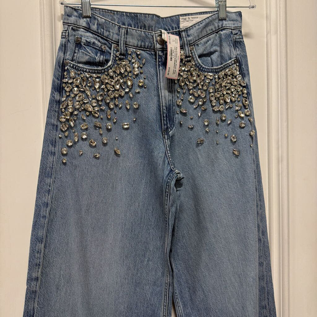 Light Wash Wide Leg Crystal Embellished Jeans