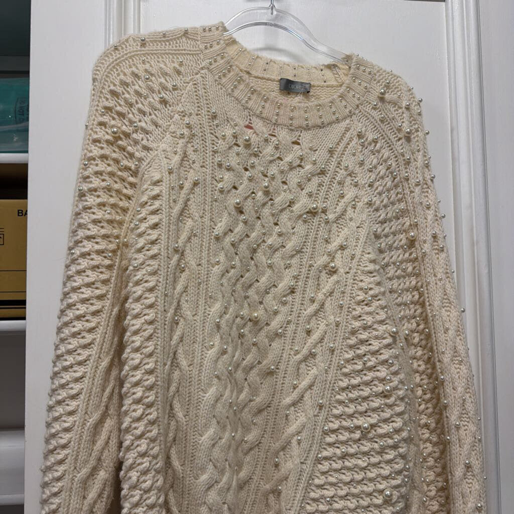 Cream Pearl Embellished Cable Knit Sweater