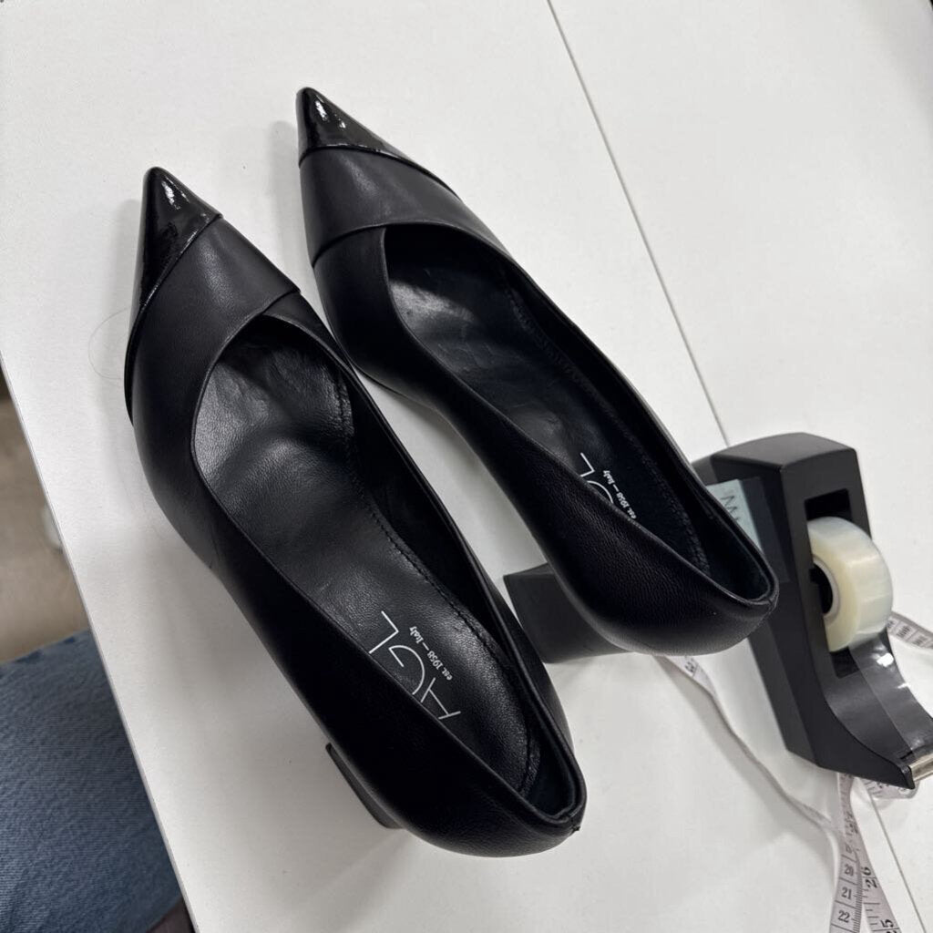 AGL Black Leather Pointy Toe Block Heel