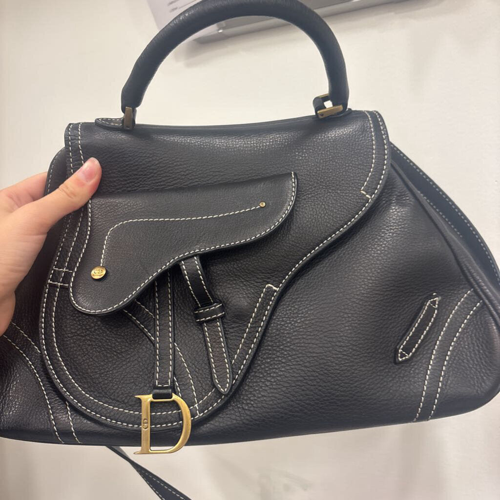 Black Leather Saddle Handle Bag
