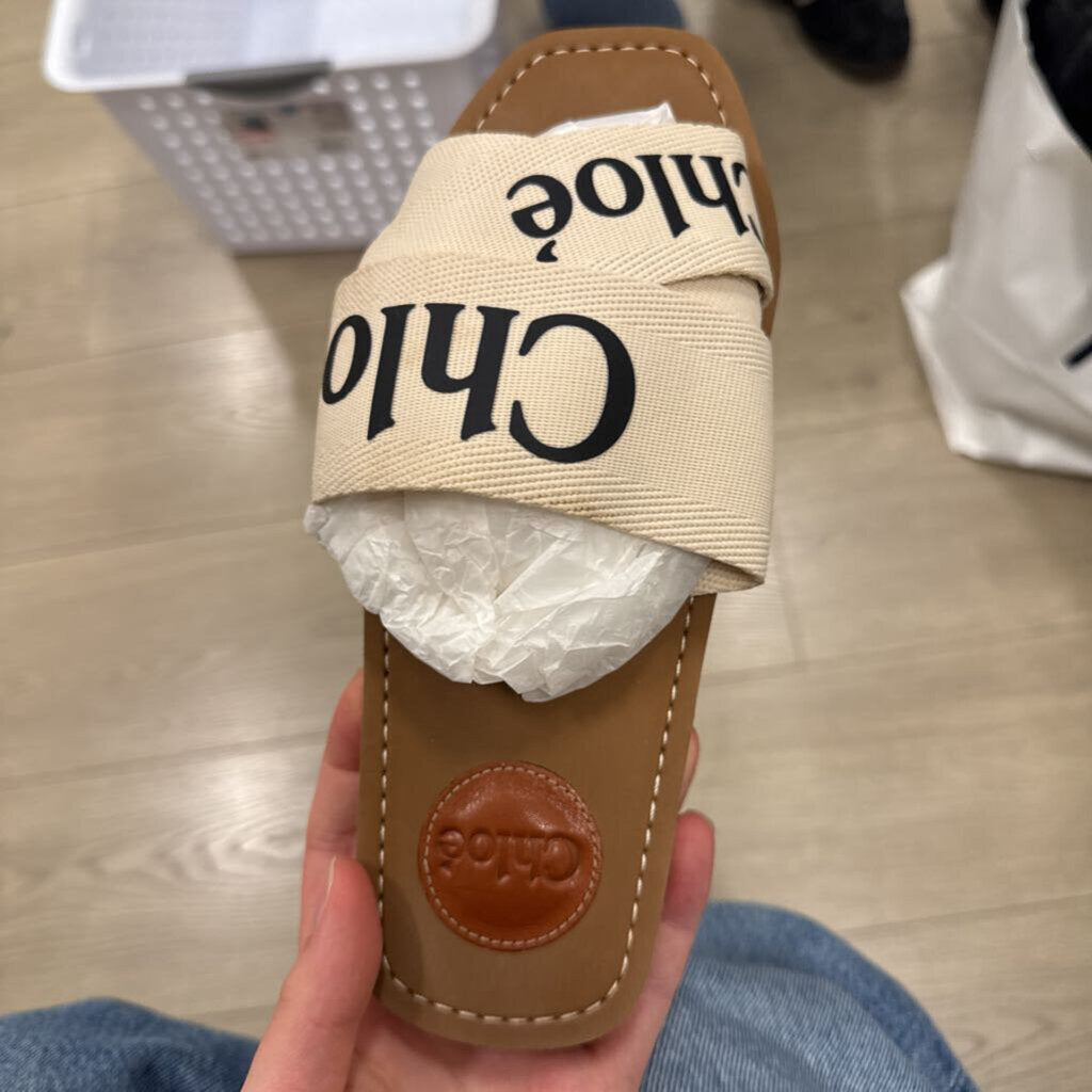 Beige Woody Logo Slide Sandals