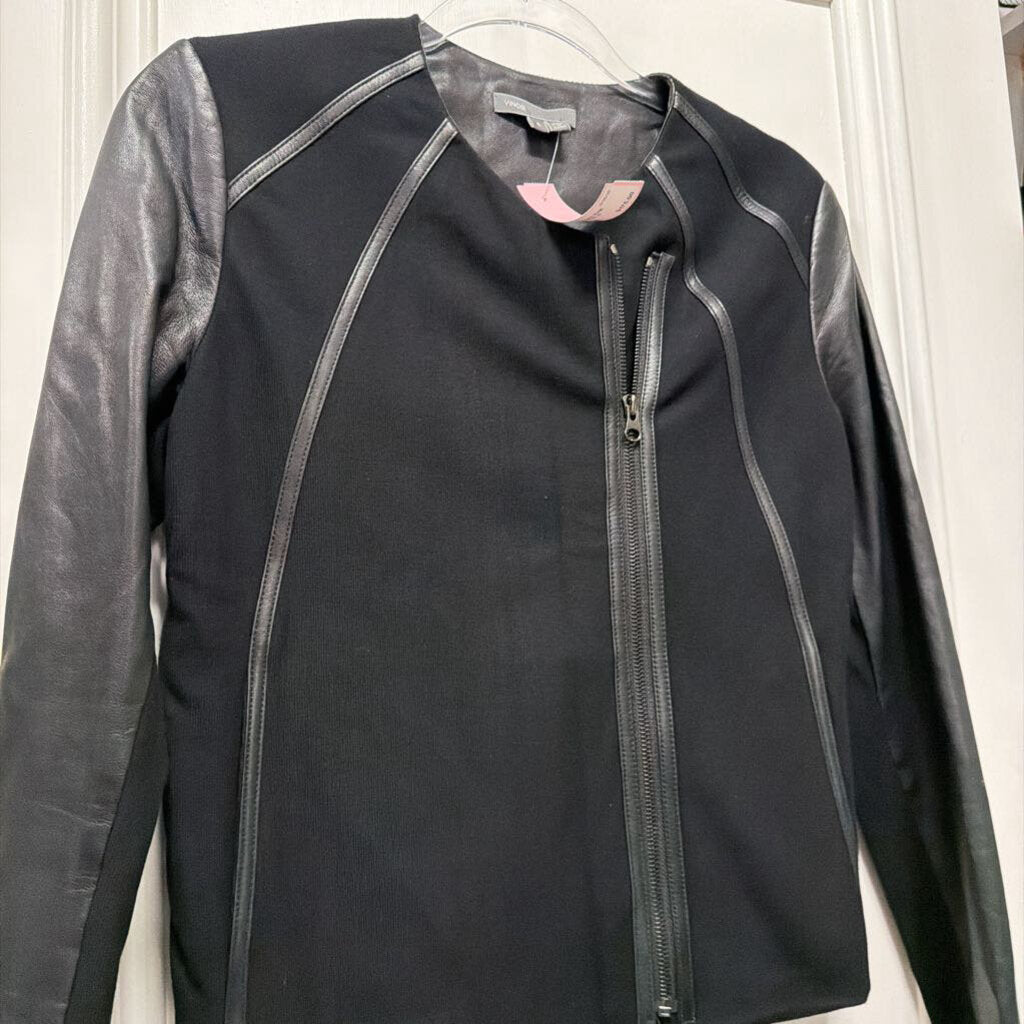 Black Viscose Knit Leather Trim Jacket
