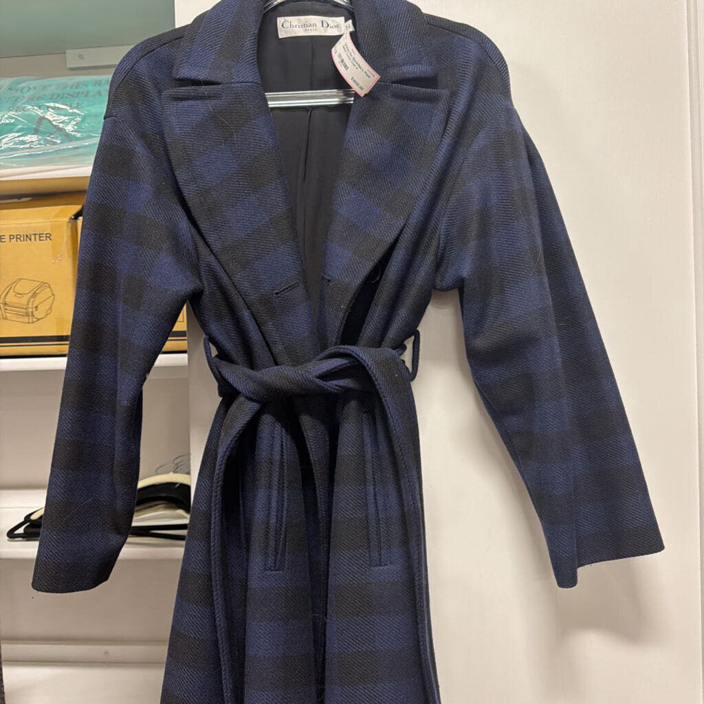 Black/Navy Plaid Belted Trench Coat