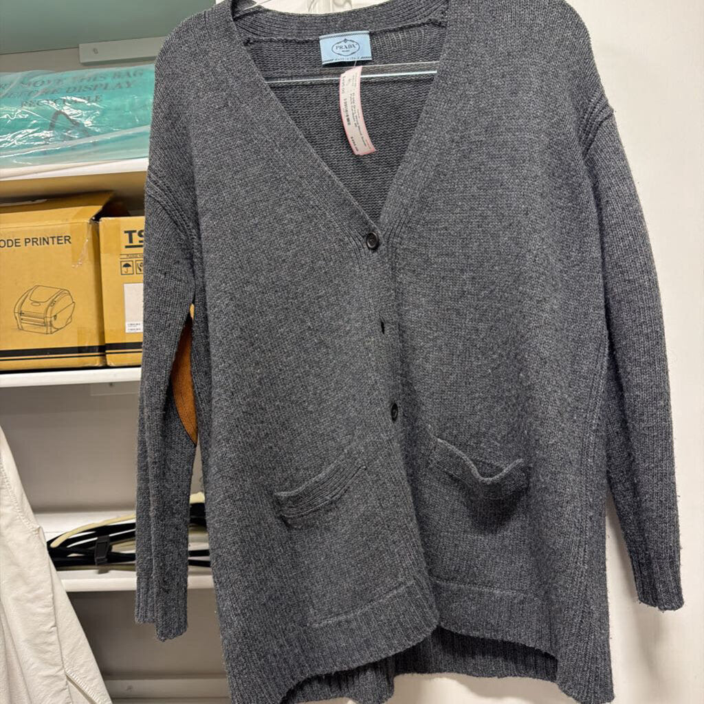 Grey Wool Blend Suede Patch Cardigan