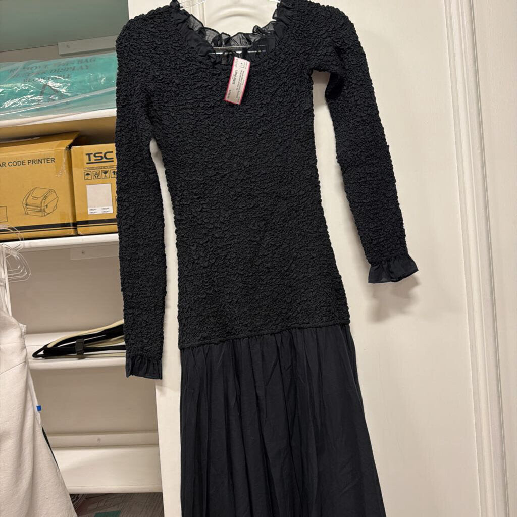 Black Cotton Ruched Drop Waist Dress