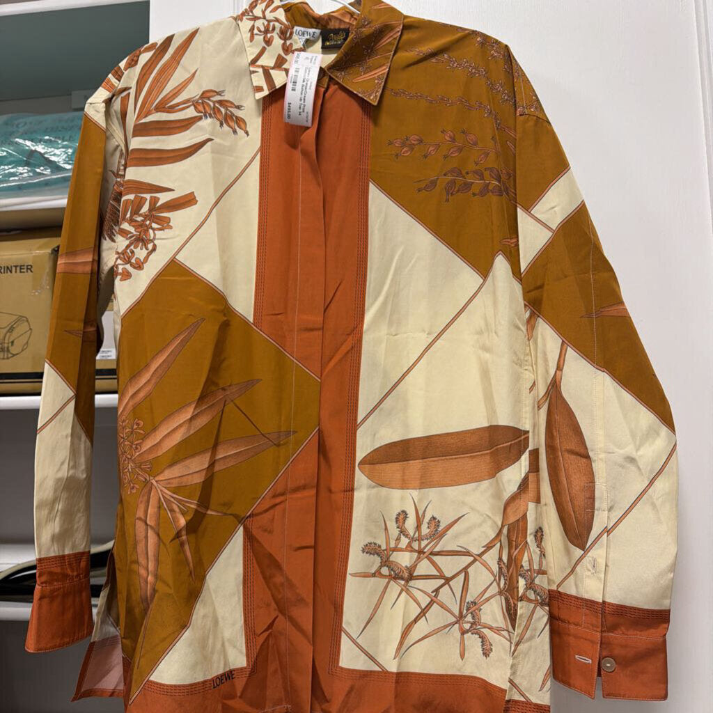 Orange/Cream Print Cotton/Silk Button Up Top
