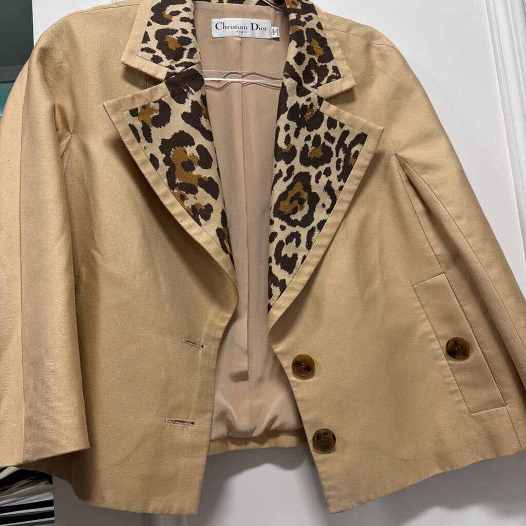 Beige Cotton& Silk Jacket With Leopard Lapel