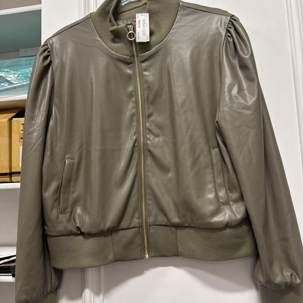 Olive Faux Leather Bomber Jacket