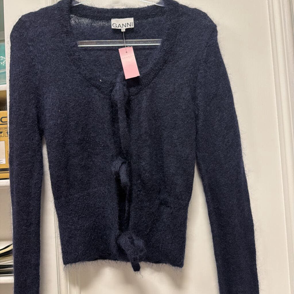 Navy Blue Mohair Blend Tie Front Cardigan