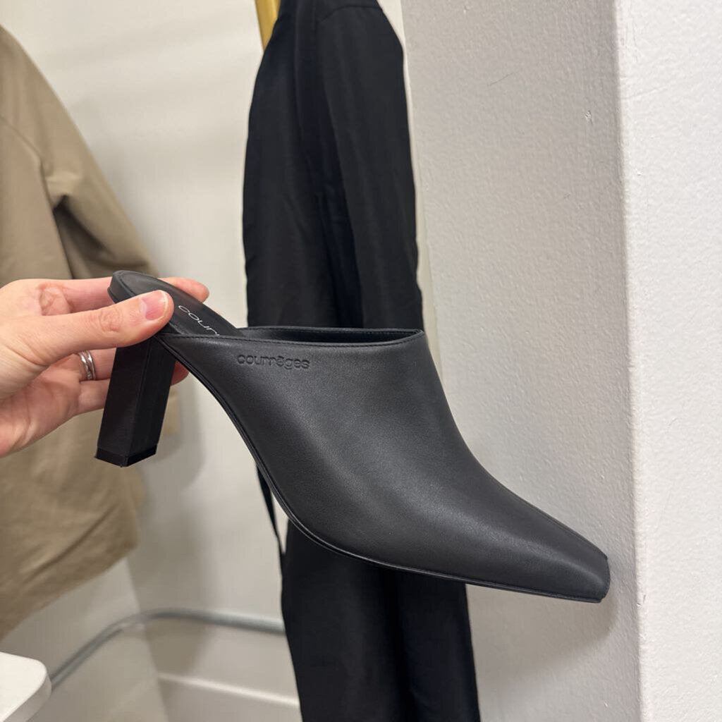 Black Leather Heeled Mules