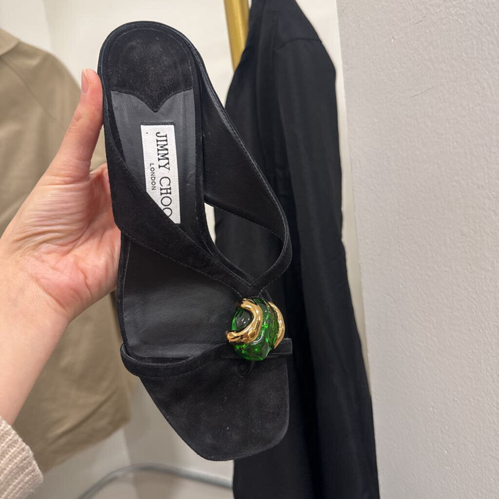 Black Suede Stone-Detail Heeled Sandals