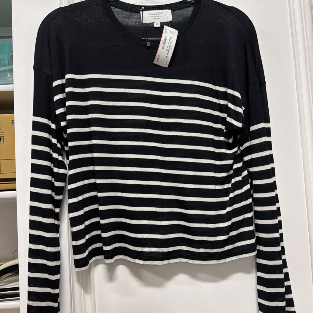 Black/White Silk Stripe Ls Top