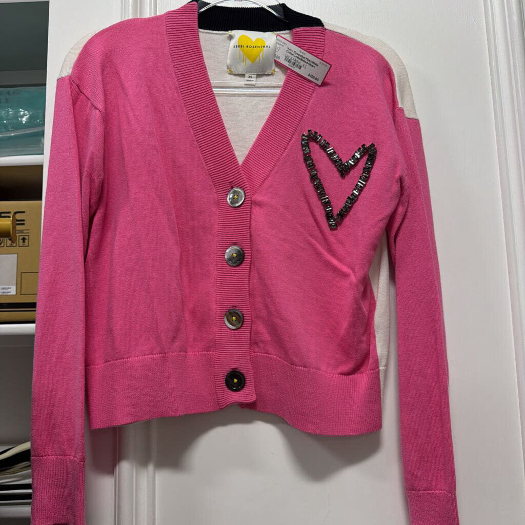 Pink/White Cotton Embellished-Heart Cardigan