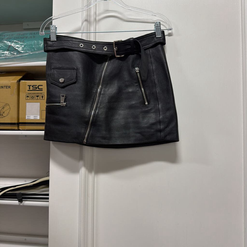 Black Leather Belted Skirt (490)