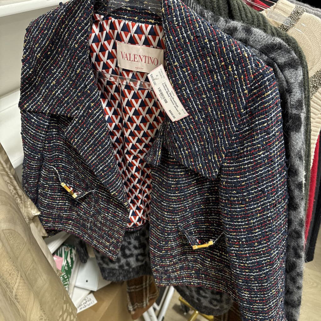 Blue/Red/Gold Cotton Blend Tweed Jacket