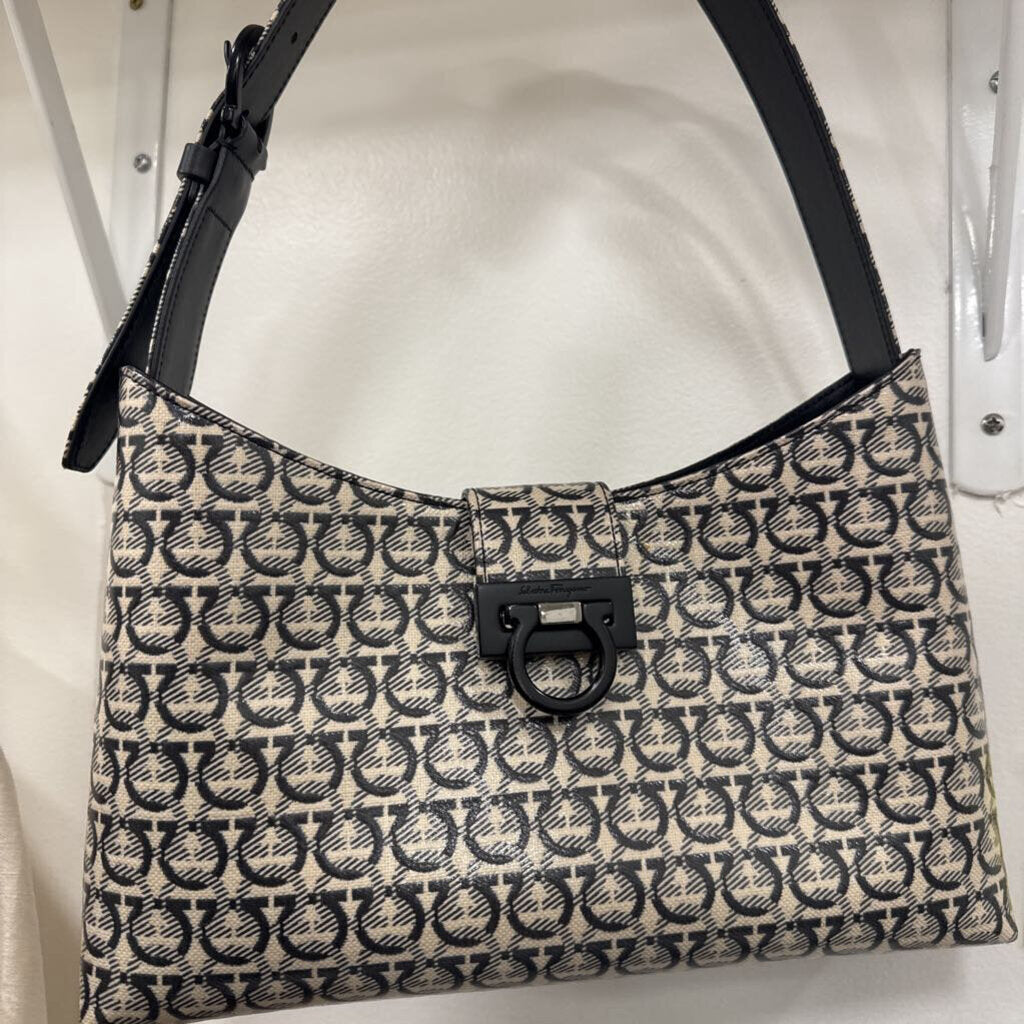 Beige/Black Coated Canvas Trifolio Shoulder Bag