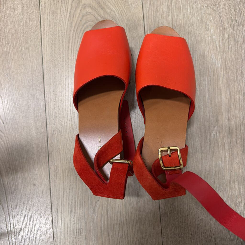 Celine Red Leather & Wood Clogs