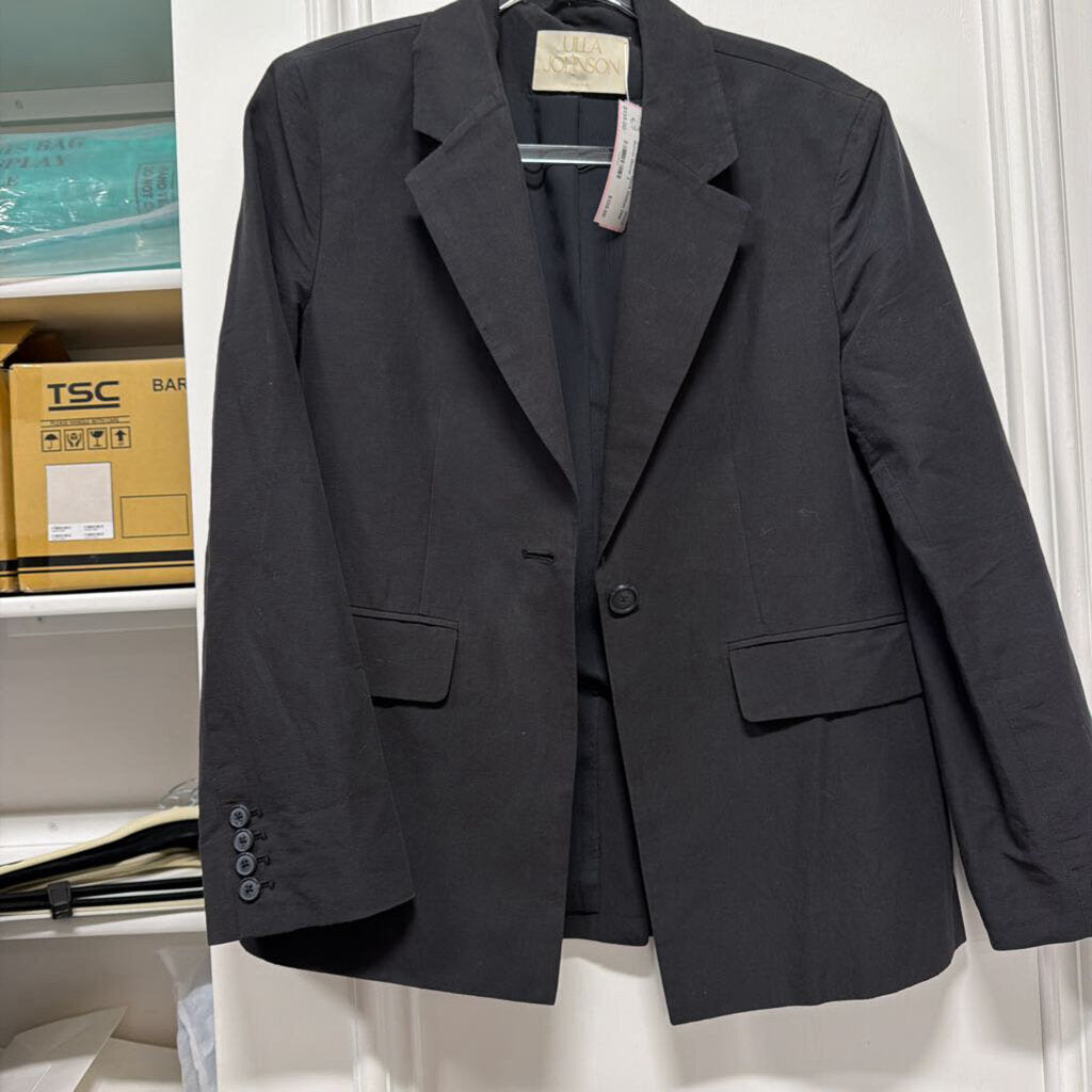 Black Cotton One Button Blazer