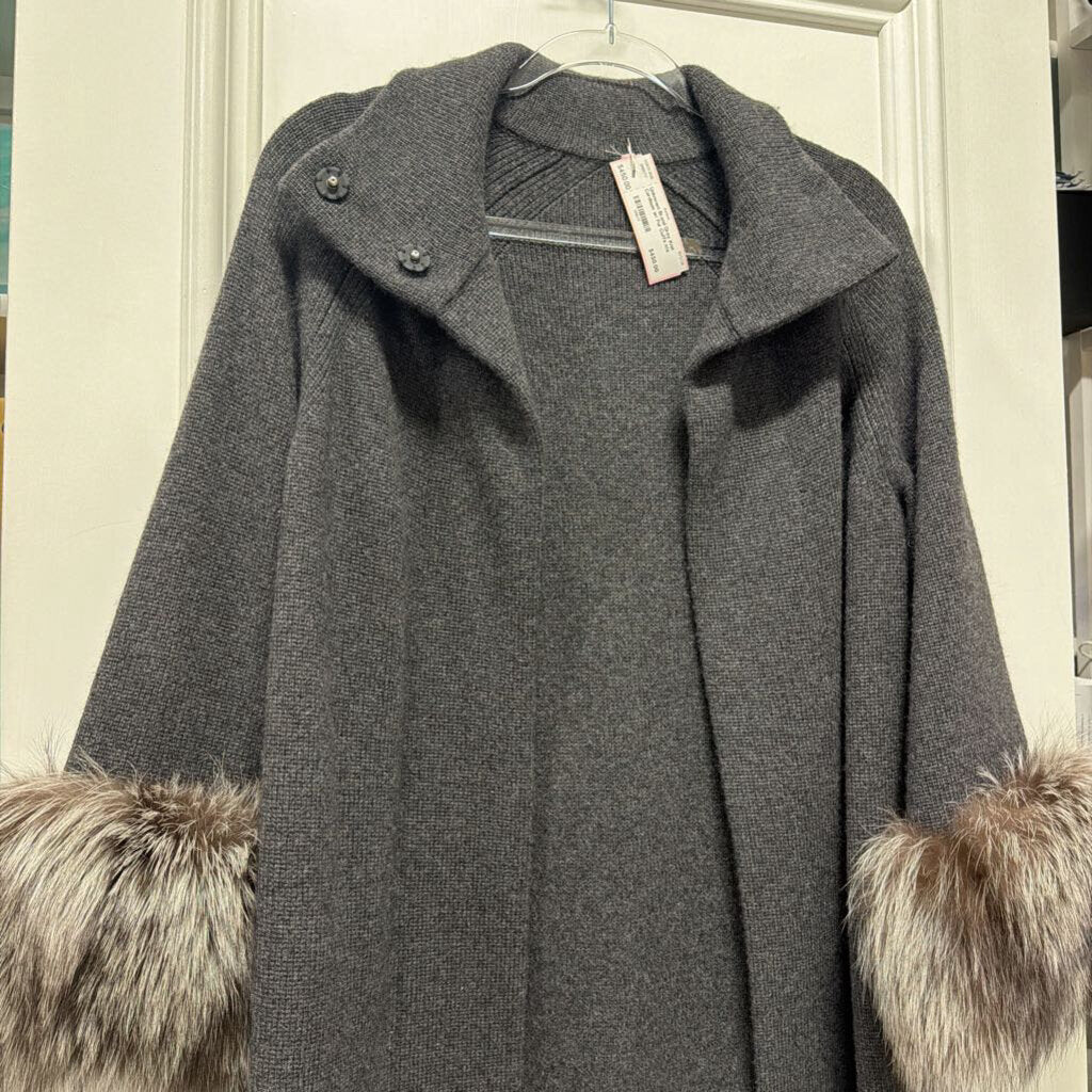 Grey Knit Cardigan w/ Fur Cuffs