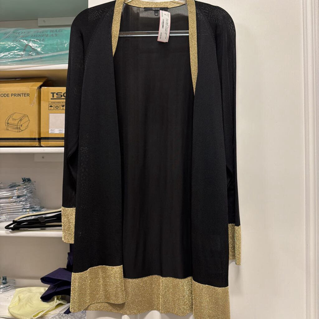 Black Viscose Gold Trim Long Open Cardigan
