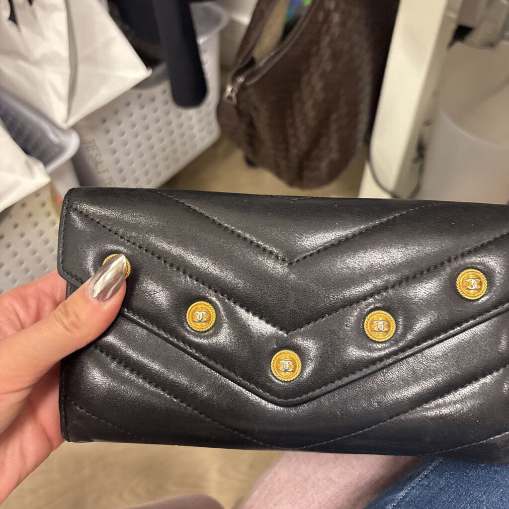 Black Leater Studded CC Fold Long Wallet