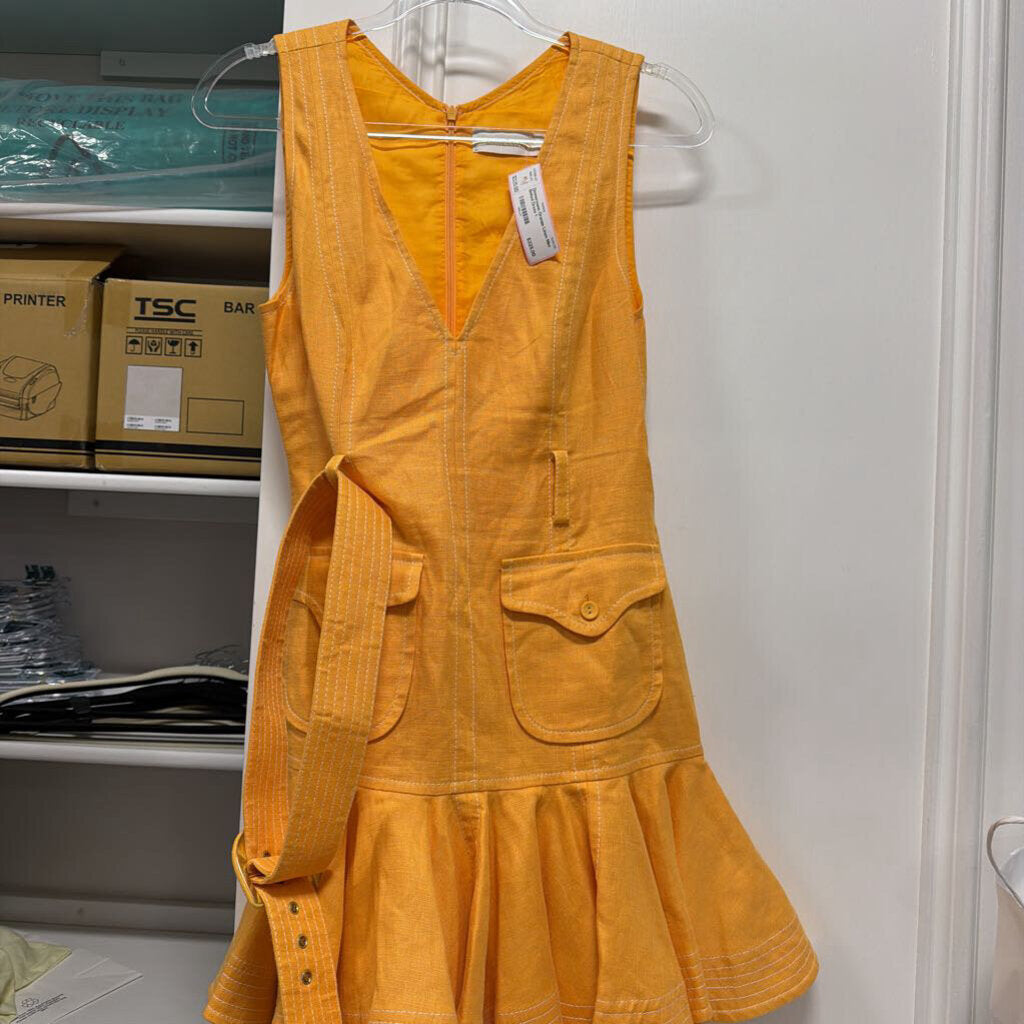 Orange Linen Mini Belted Dress