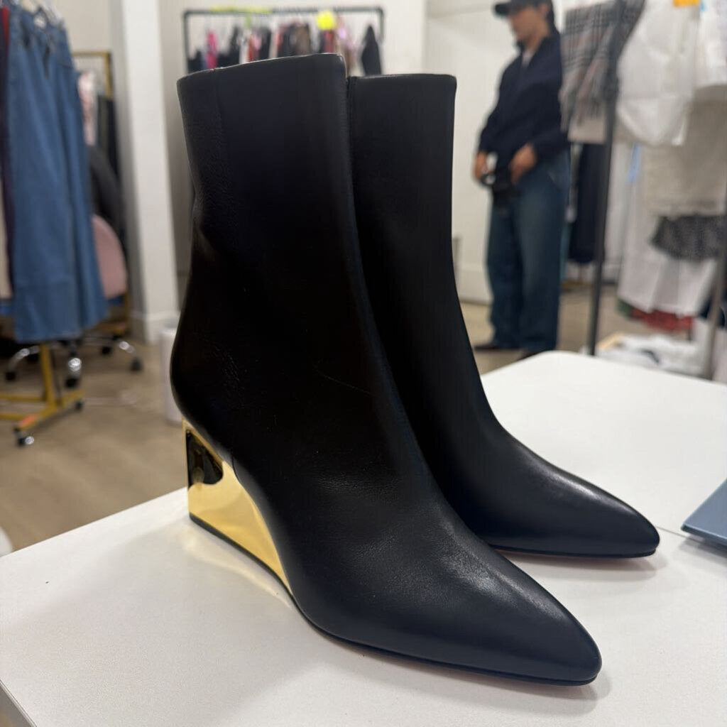 Black Leather Gold Wedge Booties (36)