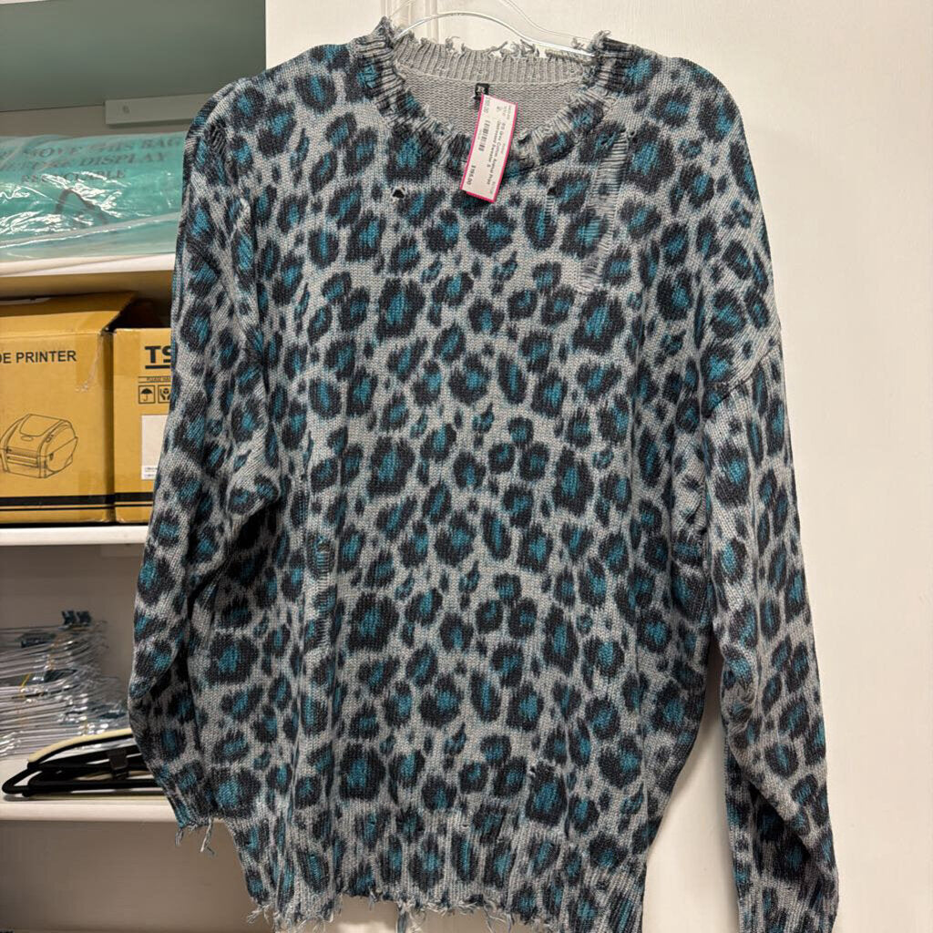 Grey Cotton Animal Print Distressed Sweater