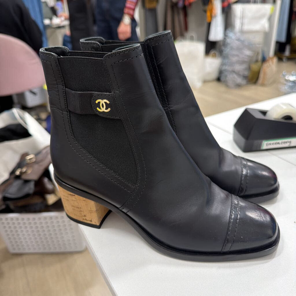 Black Leather Cork Heel Booties (36)