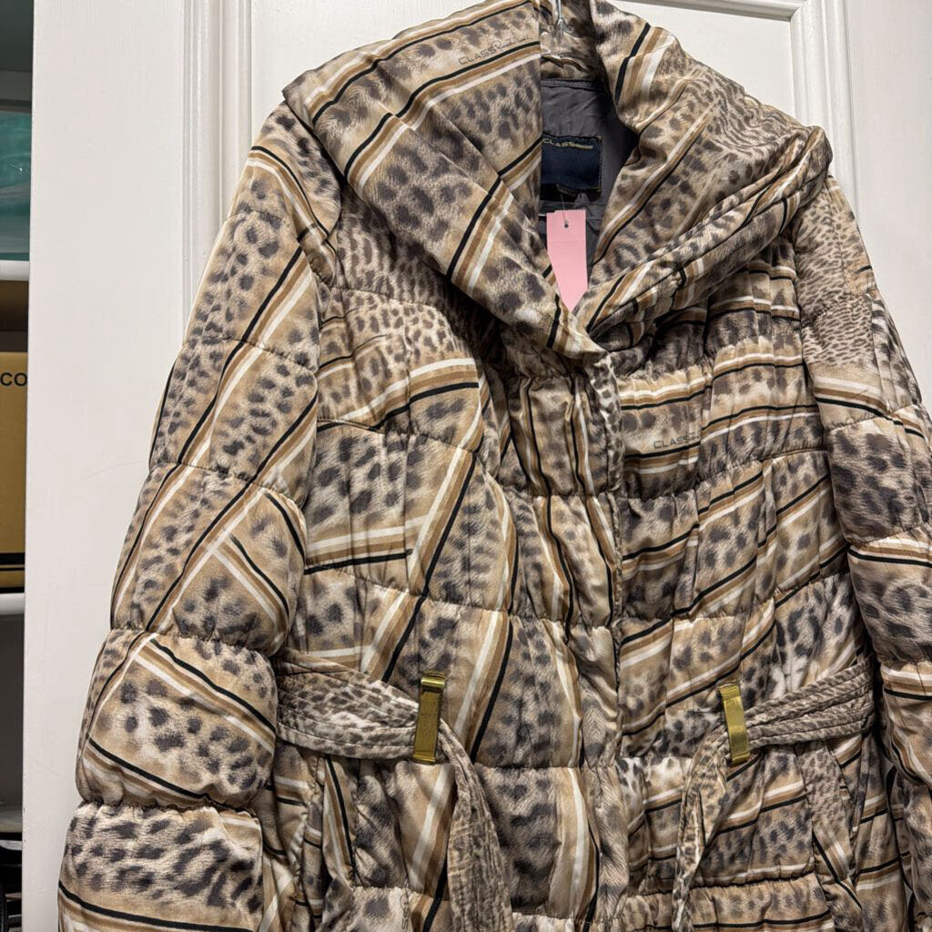 Beige Leopard Print Belted Puffer Coat