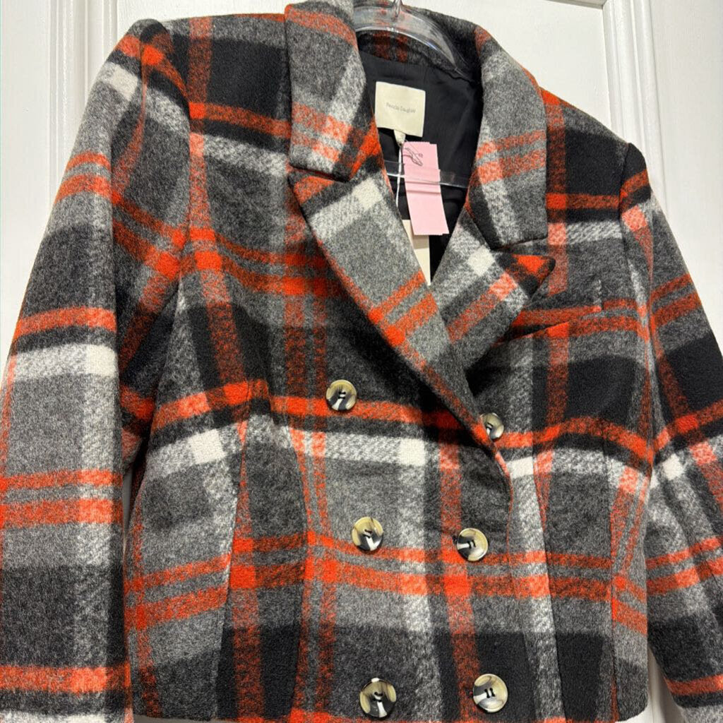 Gray/Orange Plaid Poly Double Breasted Coat (NWT)