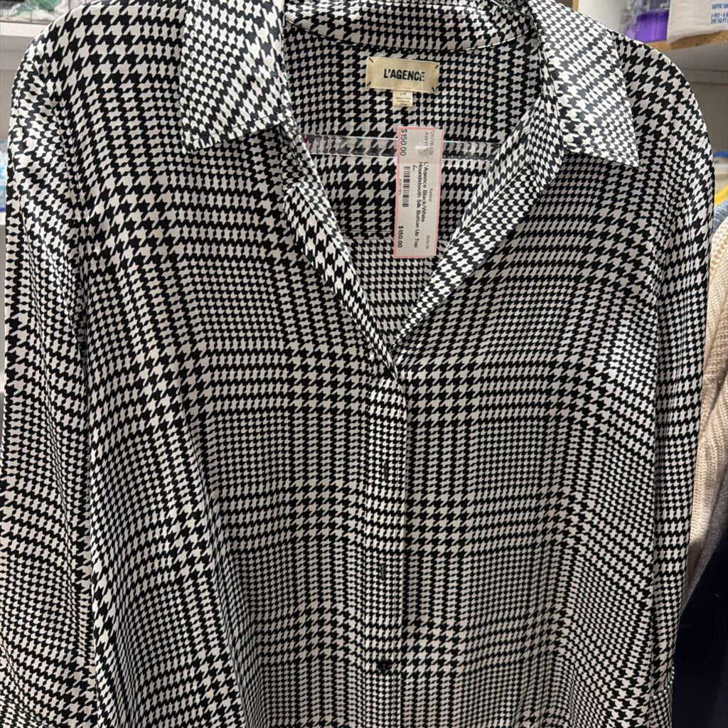 Black/White Houndstooth Silk Button Up Top