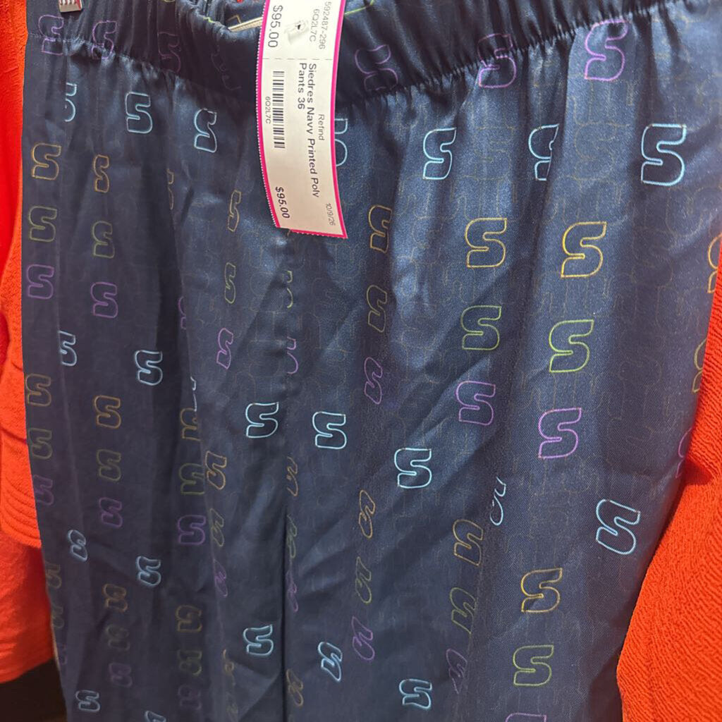 Navy Printed Poly Pants