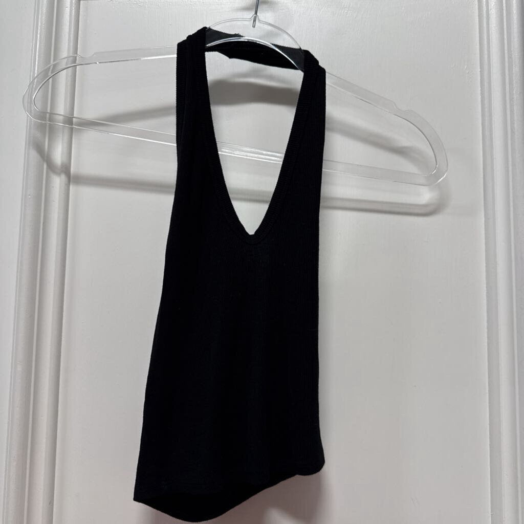 Black Viscose/Silk/Lycra Ribbed Halter Top
