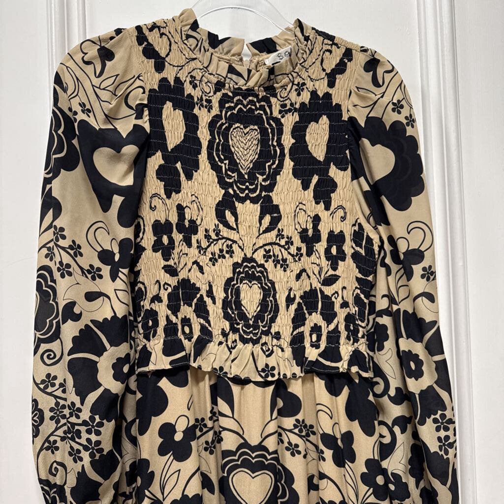 Beige/Black Silk Midi Dress