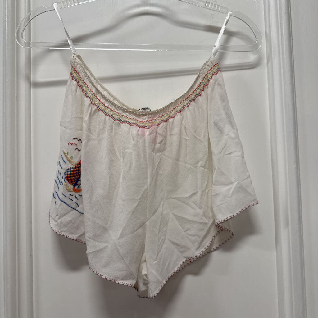 White Silk Embroidered Mini Shorts