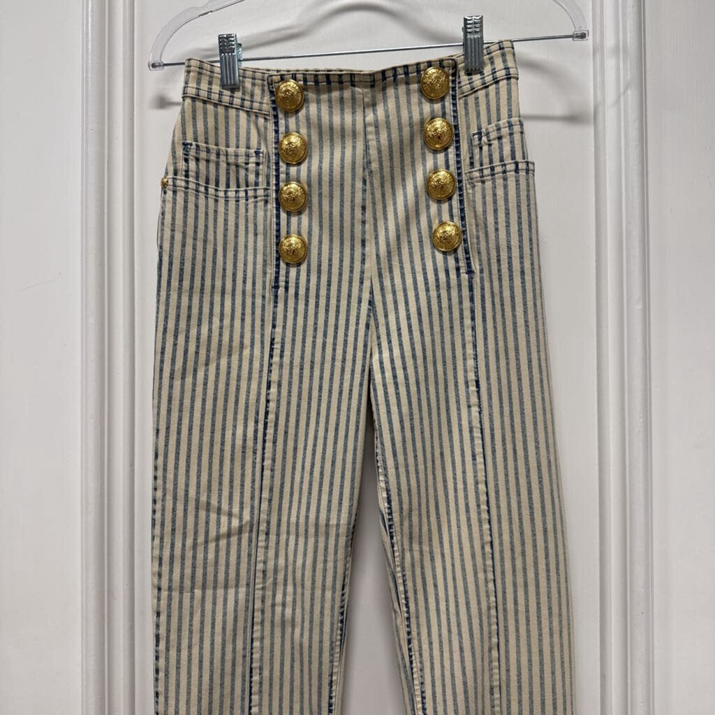 Cream/Blue Stripe Cotton Gold Studded Pant