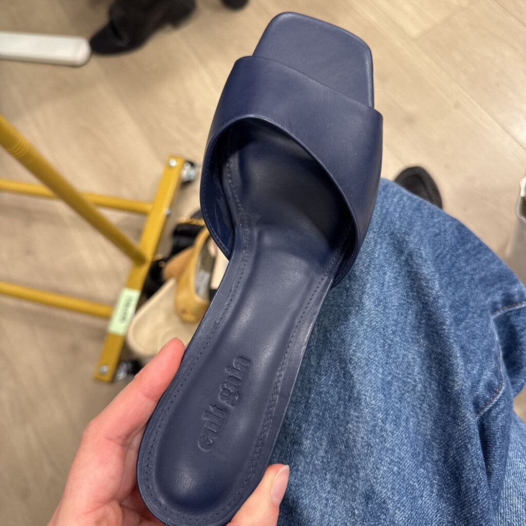 Blue Leather Gold Heel Slides