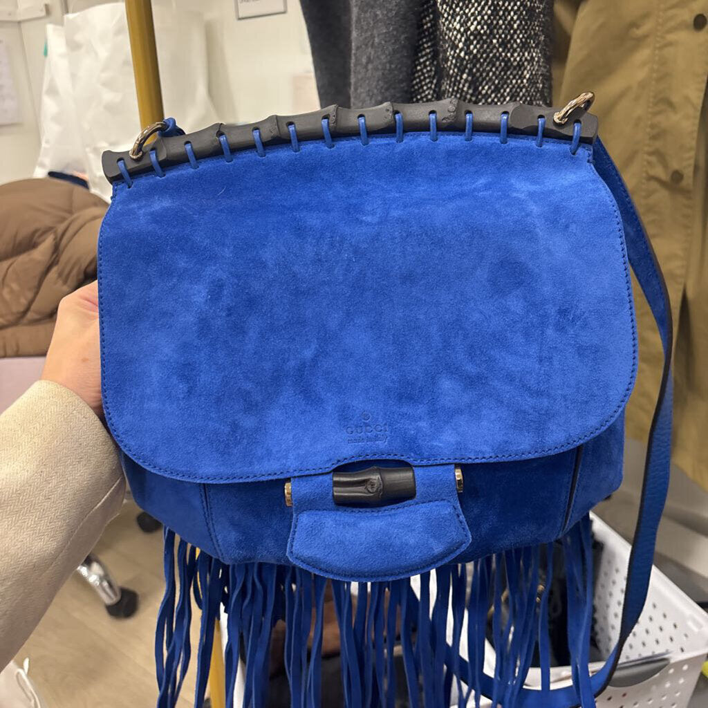Blue Suede Bamboo Fringe Bag