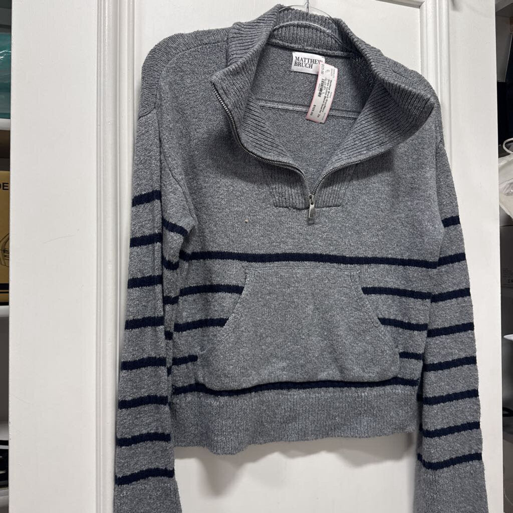 Grey/Navy Stripe Cotton Blend Quarter Zip Sweater